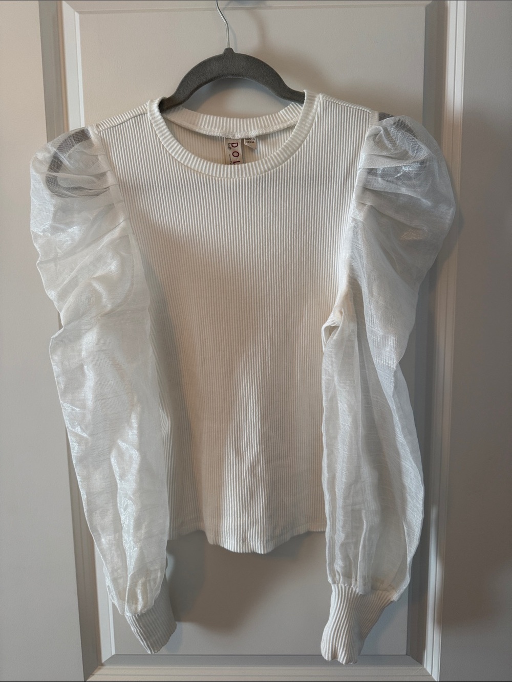 Dolan from Anthropologie White Ribbed Top with Sheer Puff Sleeves